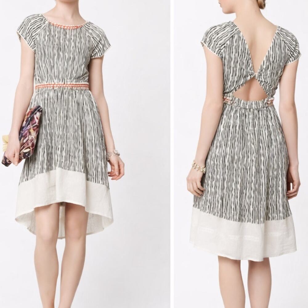 Vineet Bahl x Anthropologie Embellished Striped Midi Dress Lace Hem Back Cutout - Picture 8 of 10